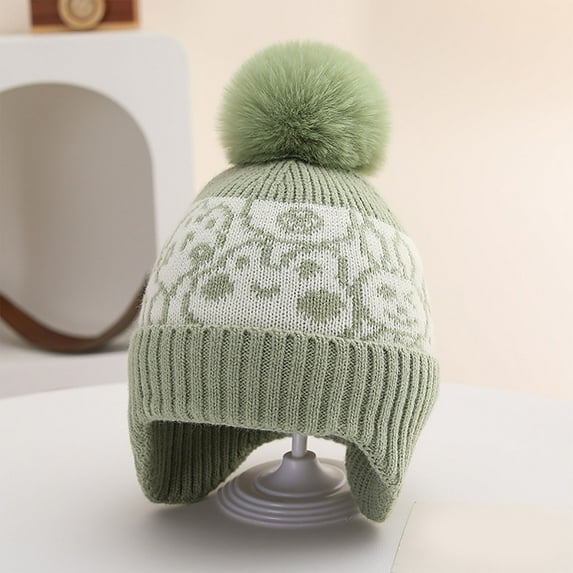 Eltusu Girls Beanies with Pompom, Winter Stretch Outdoor Thermal Knit Hats Green Size 2-10 T