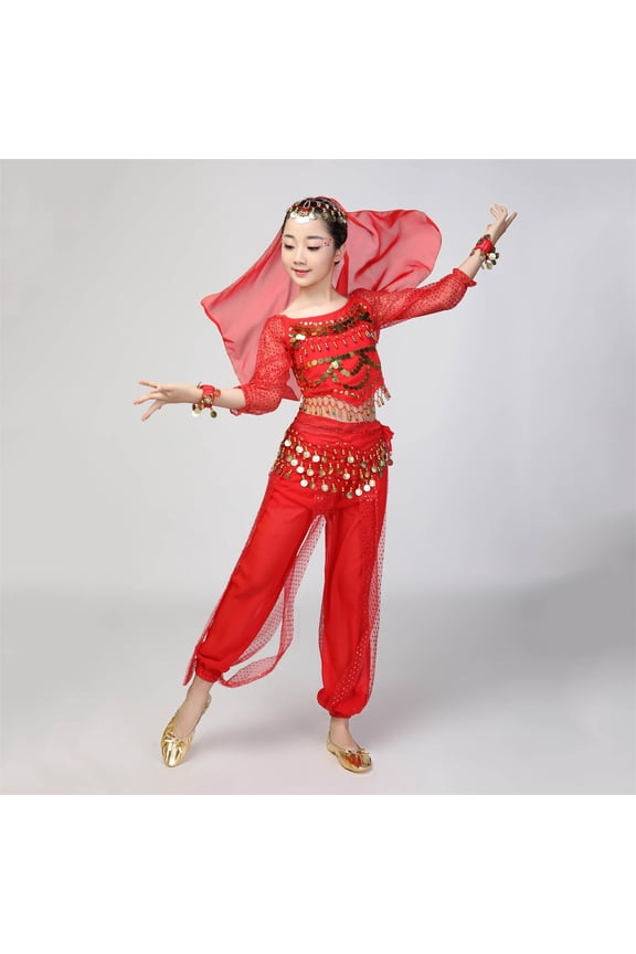 Girls Belly Dance Sets, Elastic Waist Long Sleeve Stage Performance Kids Dancewear Sets Red Size 9-11 T
