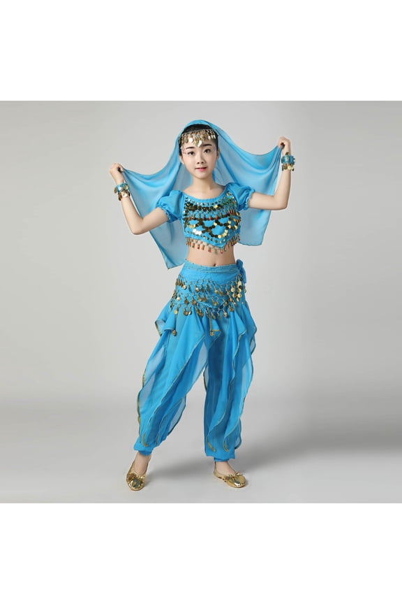 Girls Belly Dance Sets, Elastic Waist Short Sleeve Stage Performance Kids Dancewear Sets Sky Blue Size 9-11 T