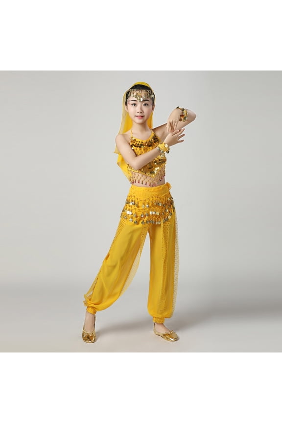Girls Belly Dance Sets, Elastic Waist Sleeveless Performance Shows Kids Dancewear Sets Yellow Size 13-15 T