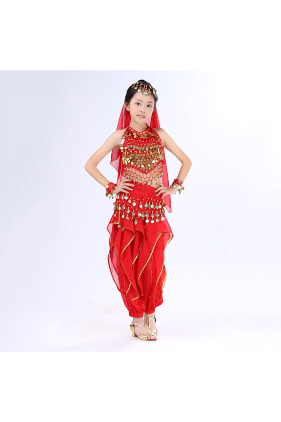 Girls Belly Dance Sets, Elastic Waist Sleeveless Performance Stage Kids Dancewear Sets Red Size 7-9 T