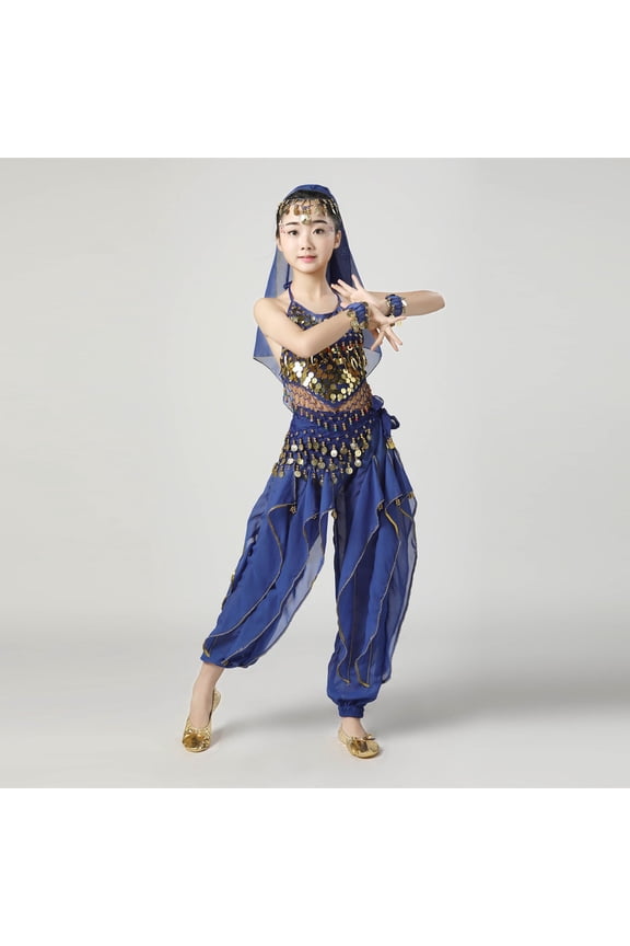Girls Belly Dance Sets, Elastic Waist Sleeveless Stage Performance Kids Dancewear Sets Blue Size 7-9 T