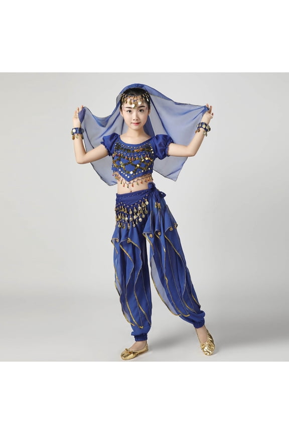 Girls Belly Dance Sets, Elastic Waist Stage Short Sleeve Performance Kids Dancewear Sets Blue Size 5-13 T