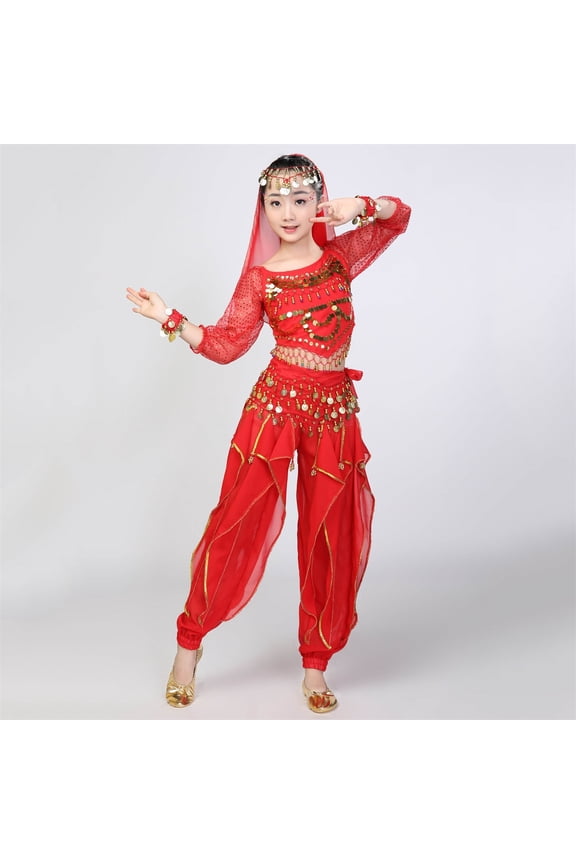 Girls Belly Dance Sets, Long Sleeve Elastic Waist Performance Shows Kids Dancewear Sets Red Size 7-9 T