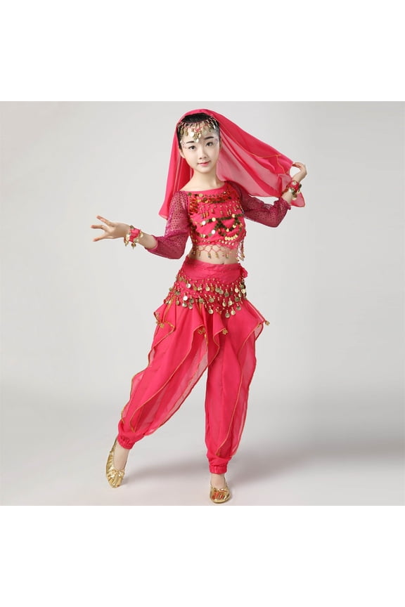 Girls Belly Dance Sets, Long Sleeve Performance Elastic Waist Shows Kids Dancewear Sets Hot Pink Size 7-9 T