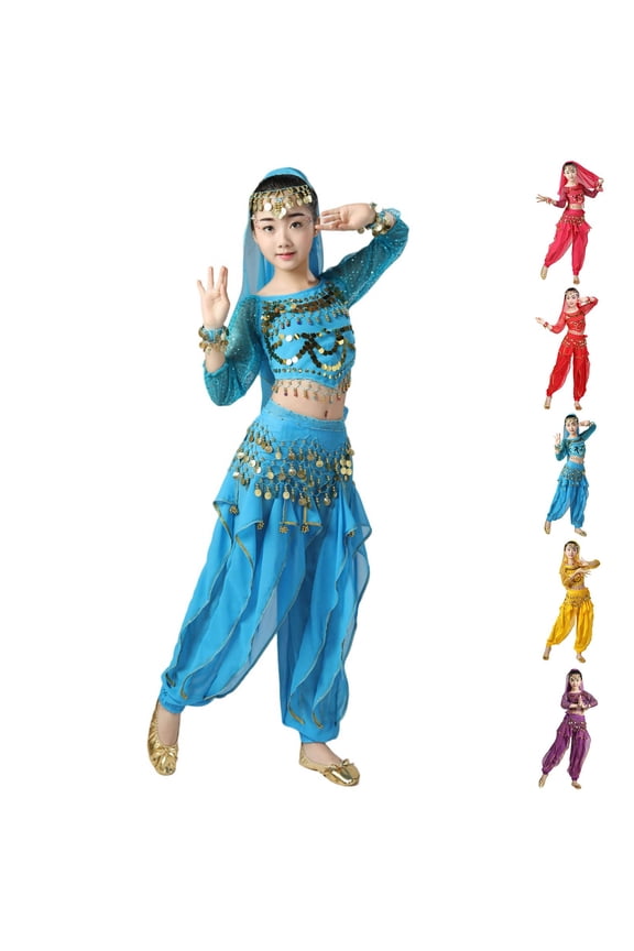 Girls Belly Dance Sets, Performance Elastic Waist Long Sleeve Shows Kids Dancewear Sets Sky Blue Size 5-13 T
