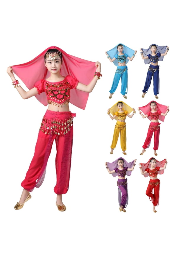 Girls Belly Dance Sets, Performance Elastic Waist Short Sleeve Shows Kids Dancewear Sets Hot Pink Size 5-15 T