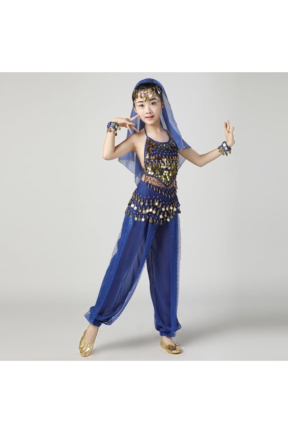 Girls Belly Dance Sets, Performance Elastic Waist Sleeveless Shows Kids Dancewear Sets Blue Size 7-9 T