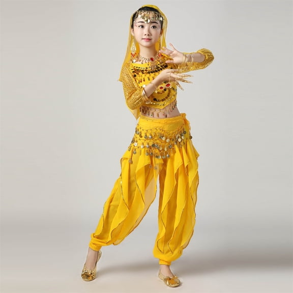Eltusu Girls Belly Dance Sets, Performance Long Sleeve Elastic Waist Shows Kids Dancewear Sets Yellow Size 9-11 T