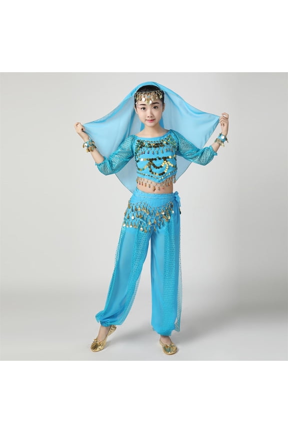 Girls Belly Dance Sets, Performance Long Sleeve Elastic Waist Stage Kids Dancewear Sets Sky Blue Size 7-9 T