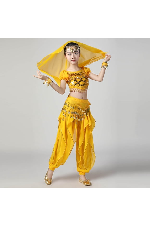 Girls Belly Dance Sets, Performance Stage Elastic Waist Short Sleeve Kids Dancewear Sets Yellow Size 9-11 T