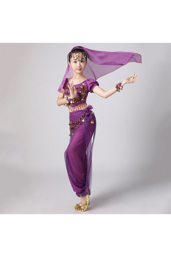 Girls Belly Dance Sets, Short Sleeve Elastic Waist Performance Shows Kids Dancewear Sets Purple Size 9-11 T