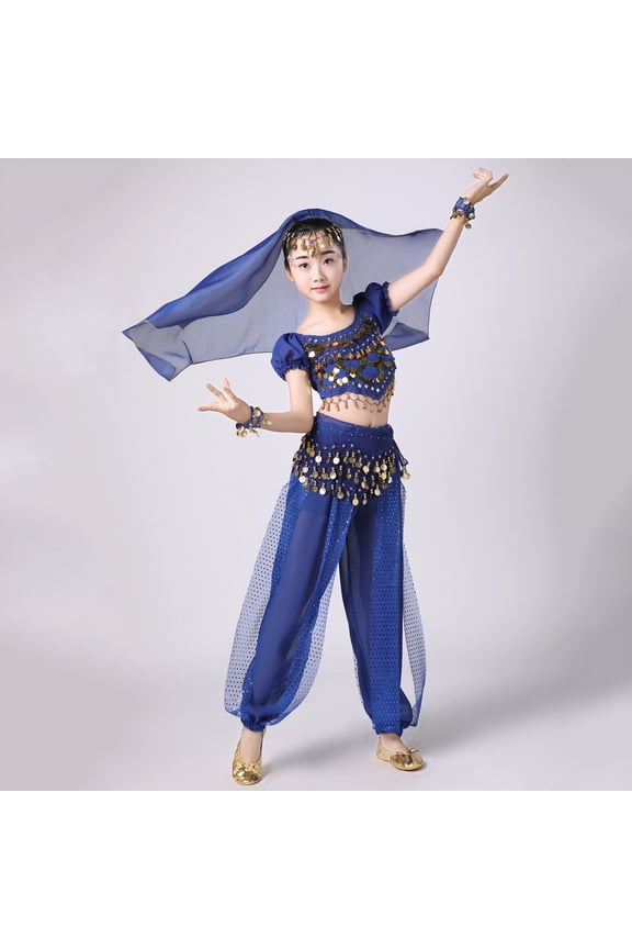 Girls Belly Dance Sets, Short Sleeve Performance Shows Elastic Waist Kids Dancewear Sets Blue Size 11-13 T