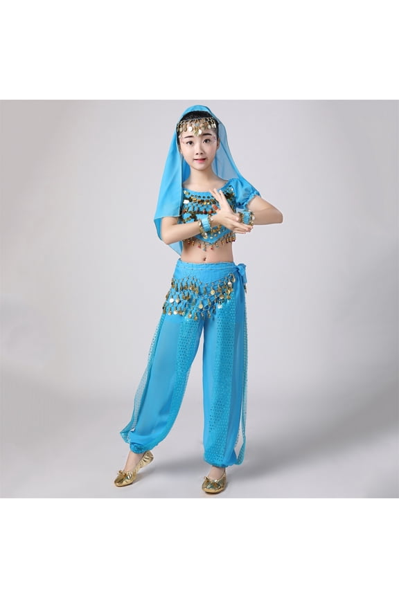 Girls Belly Dance Sets, Shows Elastic Waist Performance Short Sleeve Kids Dancewear Sets Sky Blue Size 13-15 T