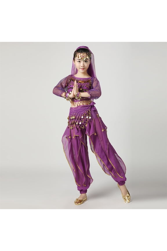 Girls Belly Dance Sets, Shows Long Sleeve Elastic Waist Performance Kids Dancewear Sets Purple Size 5-7 T