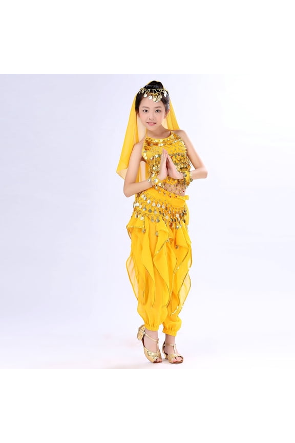 Girls Belly Dance Sets, Sleeveless Elastic Waist Stage Performance Kids Dancewear Sets Yellow Size 11-13 T