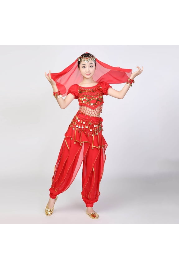 Girls Belly Dance Sets, Stage Performance Short Sleeve Elastic Waist Kids Dancewear Sets Red Size 9-11 T
