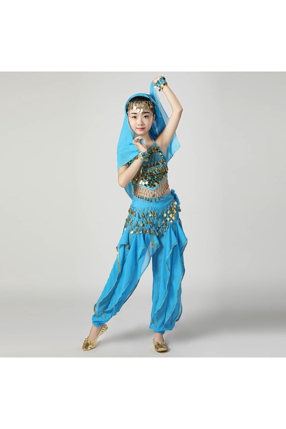 Girls Belly Dance Sets, Stage Sleeveless Performance Elastic Waist Kids Dancewear Sets Sky Blue Size 9-11 T
