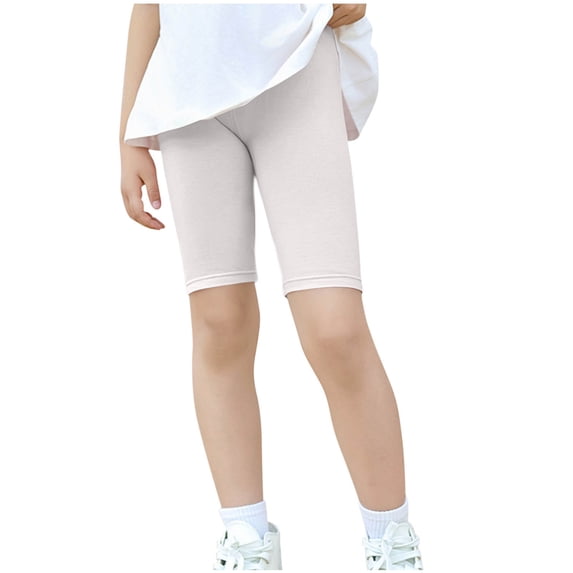 Eltusu Girls Bike Shorts, Knee Length Solid Color Tight Elastic Waist Summer Shorts Beige Size 5-6 T