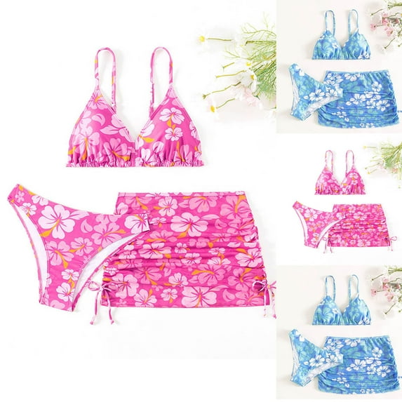 Eltusu Girls Bkinis Set, Elastic Waist 3 Pieces Printed Sleeveless Summer Swimsuit Hot Pink Size 14 T