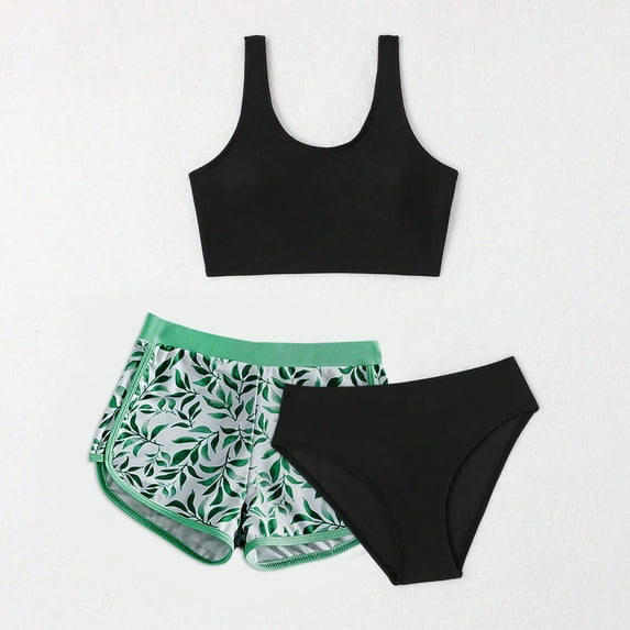 Eltusu Girls Bkinis Set, Elastic Waist Sleeveless Three Pieces Beachwear Summer Swimsuit Green Size 11-12 T