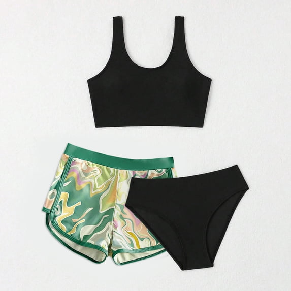 Eltusu Girls Bkinis Set, Three Pieces Sleeveless Vacation Elastic Waist Summer Swimsuit Black Size 3-4 T