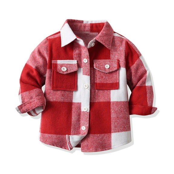 Eltusu Girls Button-Down Shirts, Cotton Breathable Lapel Collar Long Sleeve Plaid Shirts Red Size 10-11 T