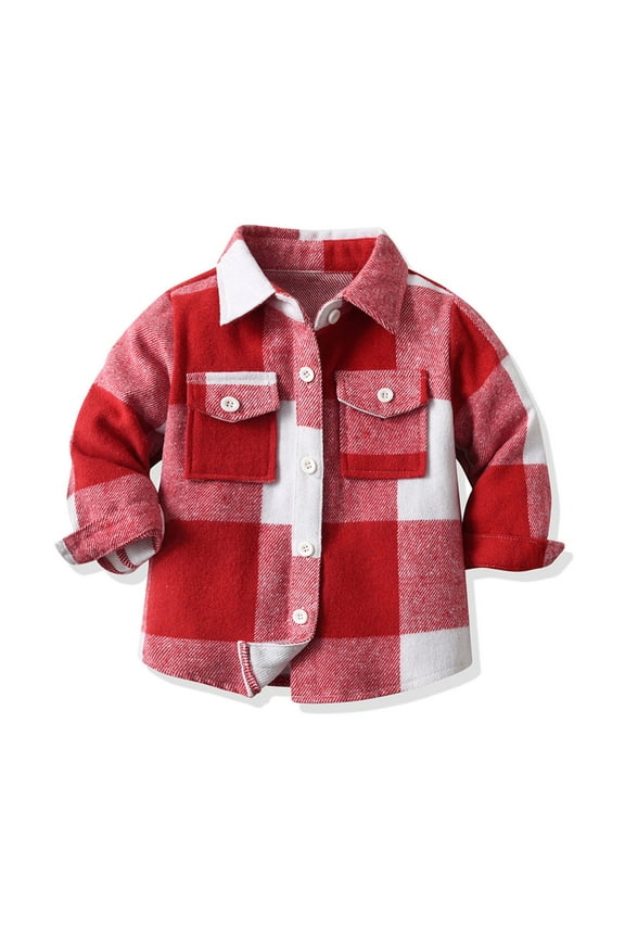 Girls Button-Down Shirts, Long Sleeve Lapel Collar Cotton Breathable Plaid Shirts Red Size 9-10 T