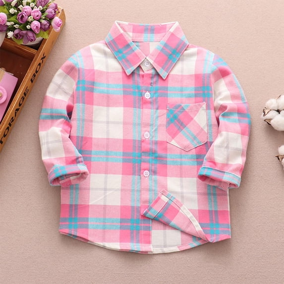 Eltusu Girls Button-Down Shirts, Plaid Lapel Collar Spring Fall Cotton Long Sleeve Shirts Pink Size 6-7 T