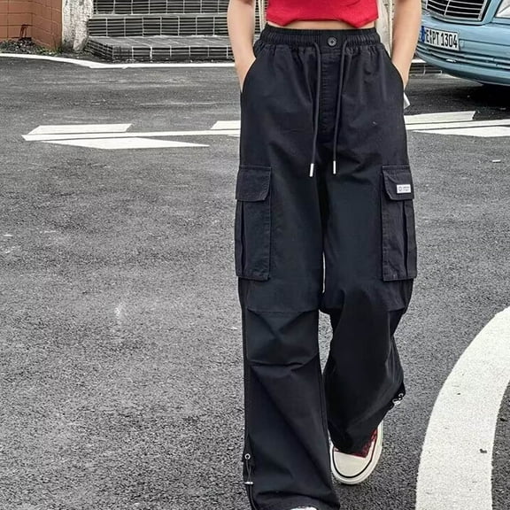 Eltusu Girls Cargo Pants, Drawstring Elastic Waist Loose Fit Multi-Pockets Wide Leg Pants Black Size 12-14 T