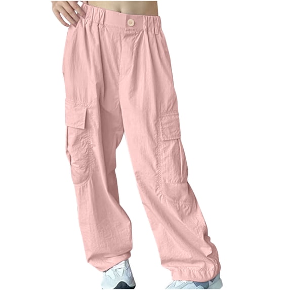 Eltusu Girls Cargo Pants, Loose Fit Casual Button Multi-Pockets Wide Leg Pants Pink Size 10-12 T