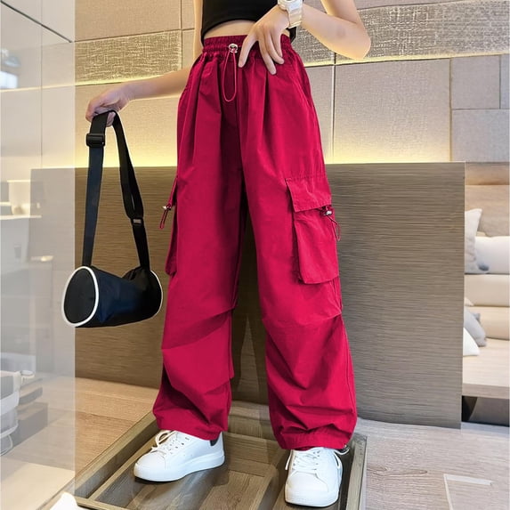 Eltusu Girls Cargo Pants, Multi-Pockets Loose Fit Elastic Waist Wide leg Athletic Pants Red Size 15-16 T