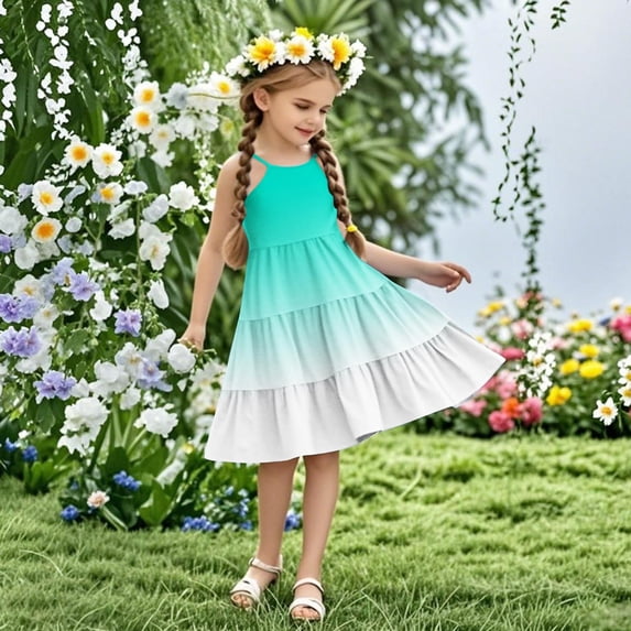 Eltusu Girls Casual Dresses, Beach Sleeveless Midi Dress Crew Neck Kids Clothes Mint Green Size 4-5 T