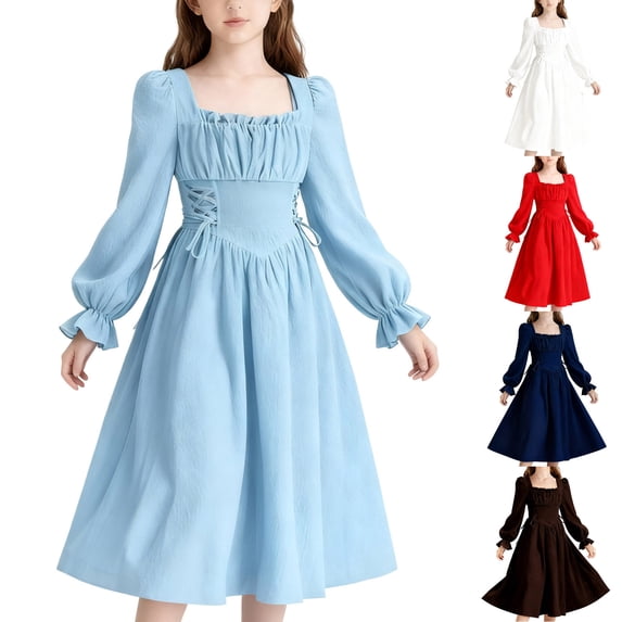 Eltusu Girls Casual Dresses, Long Sleeve Solid Color Crew Neck Midi Dress Kids Clothes Blue Size 10-12T