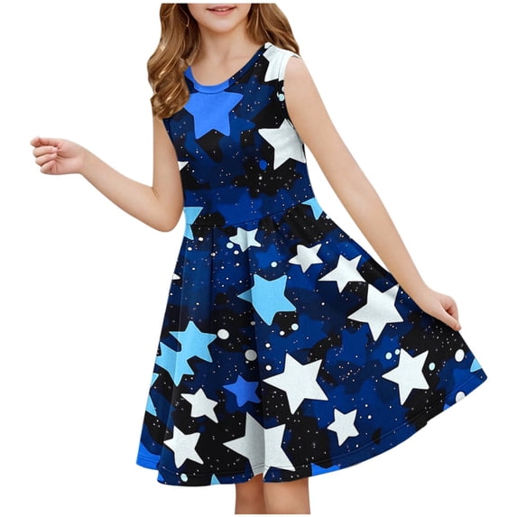 Eltusu Girls Casual Dresses, Midi Dress Fashion Crewneck Sleeveless Kids Clothes Blue Size 7-8 T