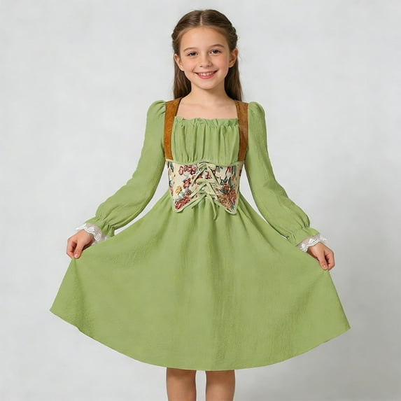 Eltusu Girls Casual Dresses, Midi Dress Princess Crew Neck Long Sleeve Kids Clothes Green Size 7-8 T