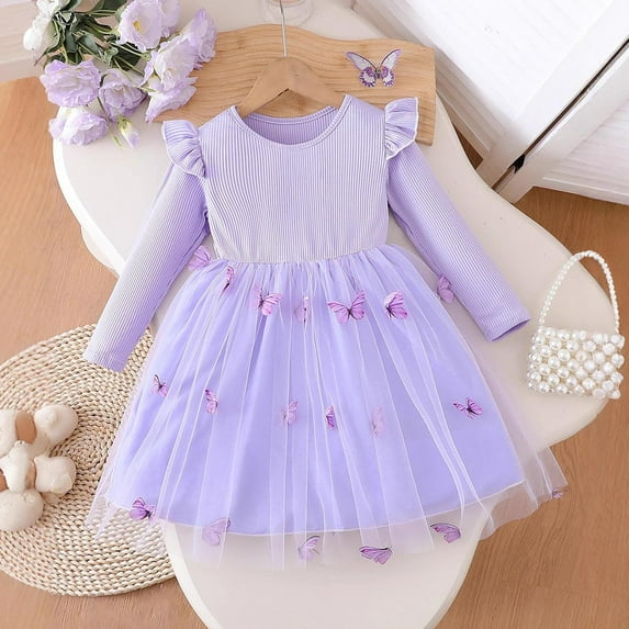 Eltusu Girls Casual Dresses, Ruffle sleeve Long Sleeve Crew Neck Princess Kids Clothes Purple Size 7-8 T