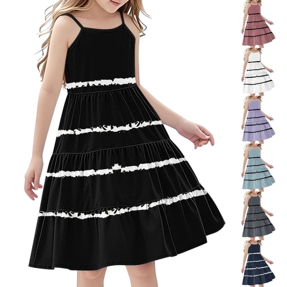 Eltusu Girls Casual Dresses, Sleeveless Crew Neck Striped Summer Kids Clothes Black Size 7-8 T