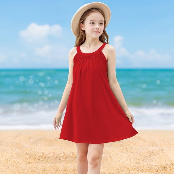 Eltusu Girls Casual Dresses, Sleeveless Crewneck Summer Solid Color Kids Clothes Red Size 13-14 T