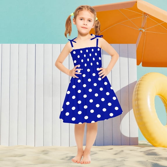 Eltusu Girls Casual Dresses, Summer Sleeveless Crew Neck Beach Kids Clothes Blue Size 3 T