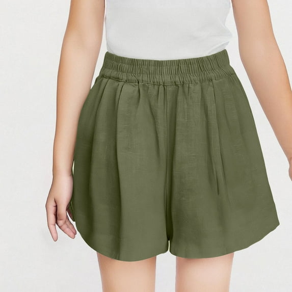 Eltusu Girls Casual Shorts, Solid Color Relaxed Fit Elastic Waist Comfort Summer Shorts Army Green Size 11-12 T