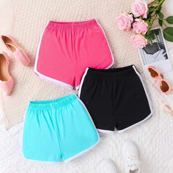 Eltusu Girls Cotton Athletic Shorts, Casual Elastic Waist Solid Color 3 Pieces Summer Shorts Multicolor Size 5-6 T