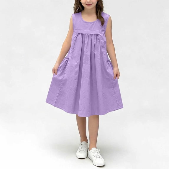 Eltusu Girls Cotton Dresses, Casual Solid Color Sleeveless Crewneck Summer Clothes Purple Size 10 T