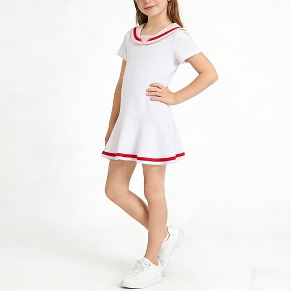 Eltusu Girls Cotton Dresses, Comfort A-Line Short Sleeve Lapel Collar School Uniform Dress White Size 8 T