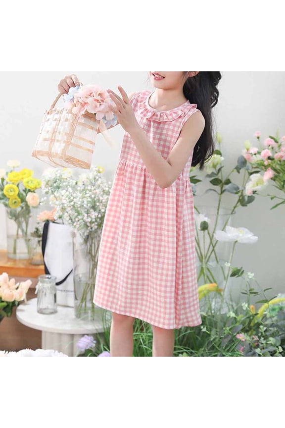 Girls Cotton Dresses, Sleeveless Plaid Summer Crew Neck Kids Clothes Pink Size 8-9 T