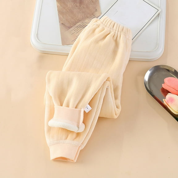 Eltusu Girls Cotton Leggings, Elastic Waist Solid Color Stretch Thermal Winter Joggers Beige Size 1-2 T