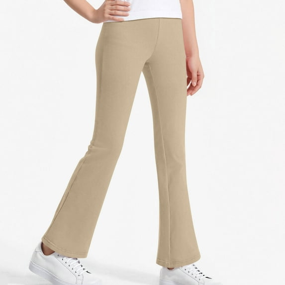 Eltusu Girls Cotton Leggings, Soft Stretch Solid Color Elastic Waist Flare Pants Khaki Size 7-8 T