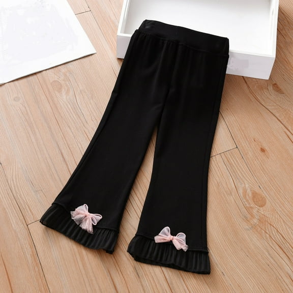 Eltusu Girls Cotton Leggings, Solid Color Elastic Waist Casual Stretch Flare Pants Black Size 6-8 T