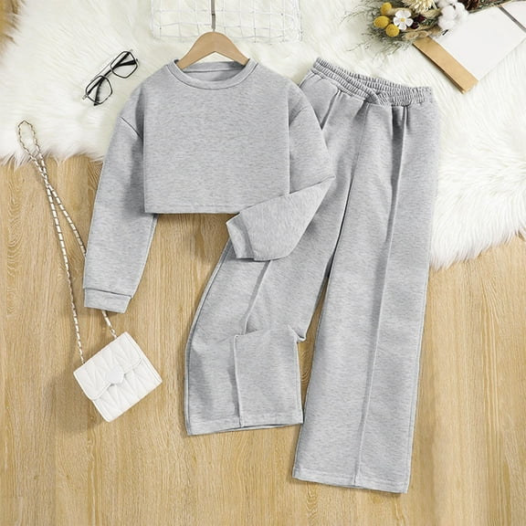 Eltusu Girls Cotton Outfit Sets, 2 Pieces Wide Leg Long Sleeve Sweatshirts & Sweatpants Set Gray Size 10 T