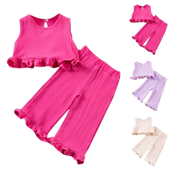 Eltusu Girls Cotton Outfit Sets, Comfy Elastic Waistband Sleeveless Tops with Pants Sets Red Size 1-7 T